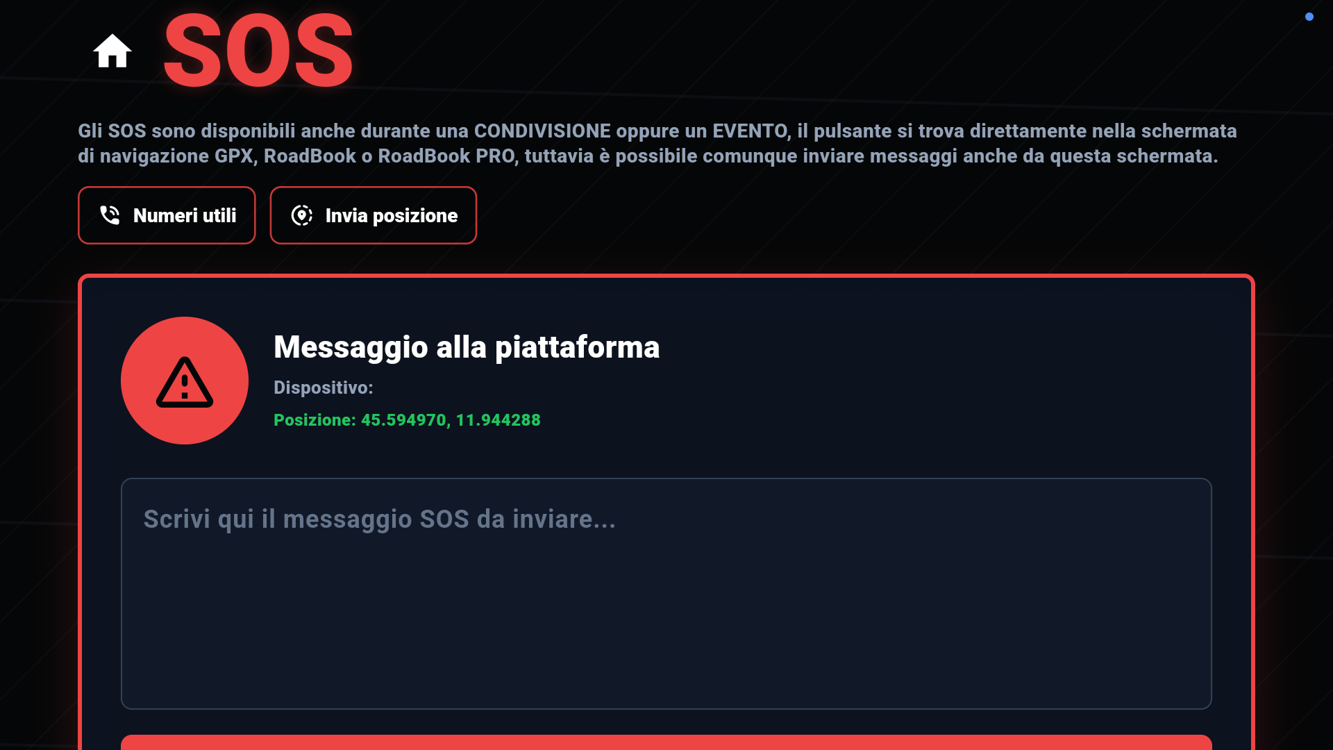 Schermata reale dell'app — SOS con la posizione già compilata.