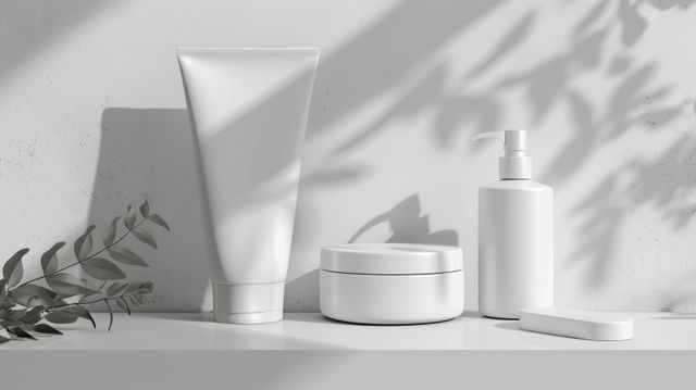 Tube, jar and pump bottle on a white shelf in leafy shadow